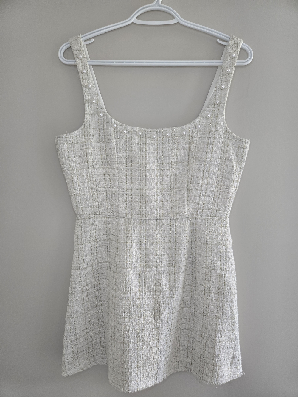 Miami For Francescas white + gold tweed pearl-trim mini dress, fully lined, new